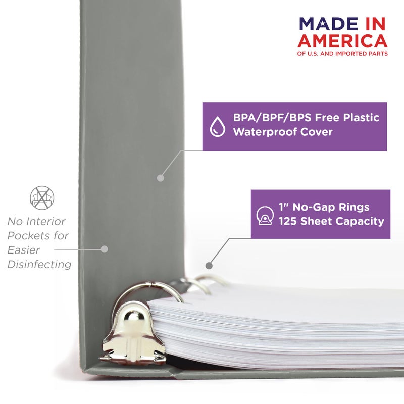 Carstens 1-Inch Heavy Duty 3-Ring Binder - Side Opening, Ash Gray, Durable Plastic, Precision No-Gap Rings, Waterproof Cover, No Pockets, Holds 125 US Letter Sheets, BPA-Free, Made in USA (8702-3R) - Image 2